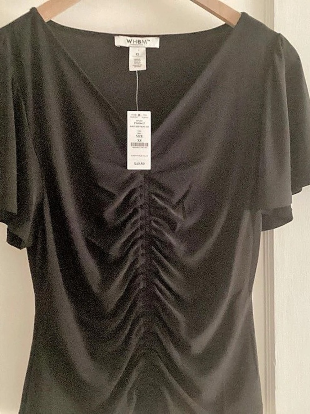 WHBM Ruched Front Short Sleeve Top in Black Size XS NWT